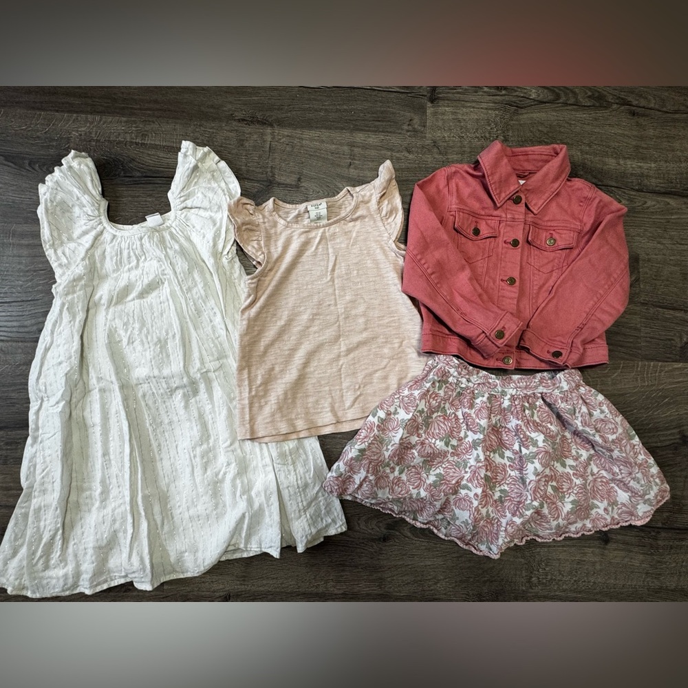 Girls 5t Gap White Dress, ON Pink Denim Jacket, Aspen Skirt/ Shirt Bundle Lot